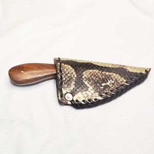 Handmade Fixed Blade Knife: Burl Wood Handle, Ball Python Sheath