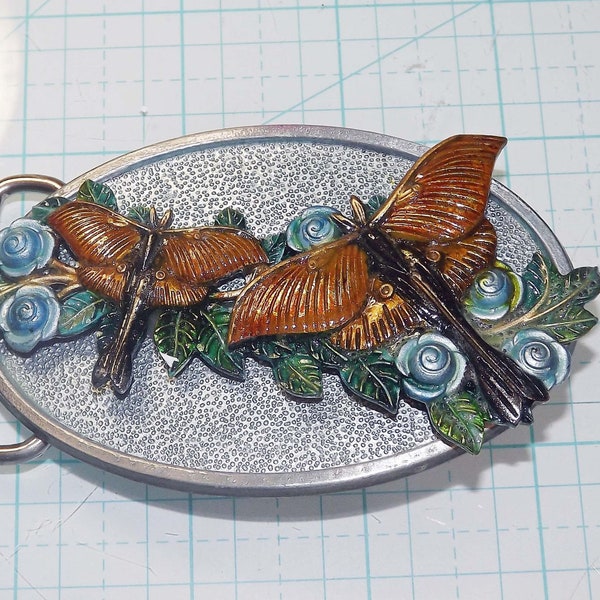 DragonFly Silver Hand Painted Art Deco Belt buckle, light weight