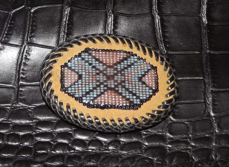 Leather beaded belt buckle Antique