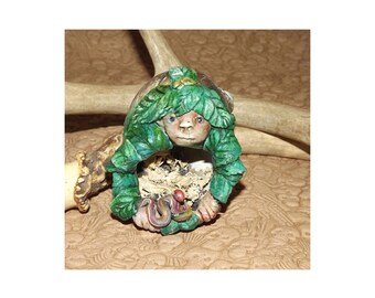 Elf, Fantasy, Evergreen Apple Snail Shell elf with his pet snake Benny