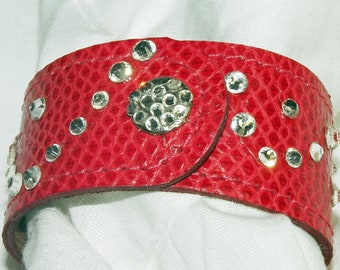 Snake Skin Bracelet/Cuff gift for her/ red sea snake rhinestone/ 9"Long/ Hand Tanned/Hand Made/Machine Sewn