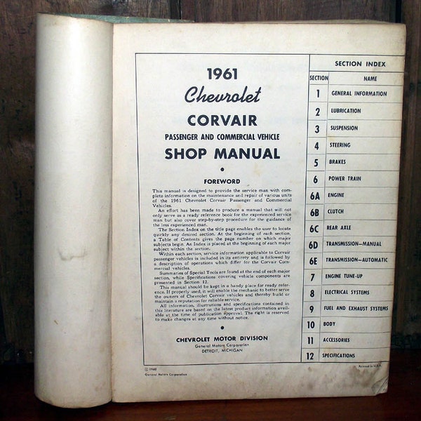 Chevrolet Corvair Shop Manual 1961