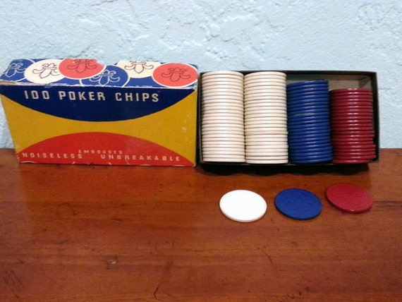 Box of 100 Vintage Embossed Golfer Composition Poker Chips in Red White and Blue Poker Night Vintage Poker Chips