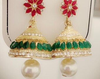 Earrings in White Pearl and Red/Green Diamanté