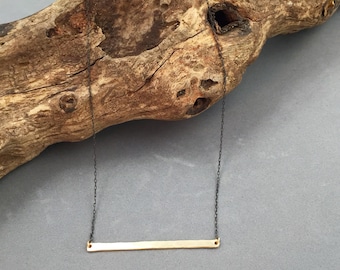 Hammered 14K Gold Bar Necklace: Oxidized Silver Chain, Minimalist Layering