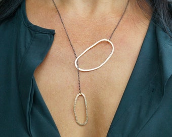 Modern Gold Hammered Organic Shapes Lariat Necklace, Statement Necklace