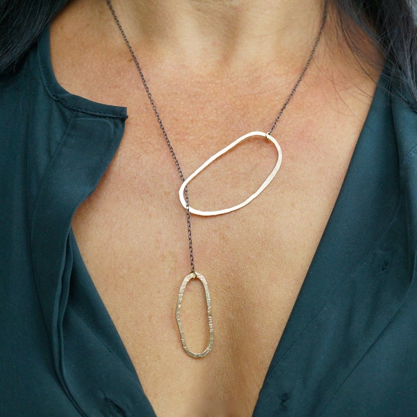 Modern Gold Hammered Organic Shapes Lariat Necklace, Statement Necklace