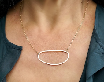 Gold Hammered Oval Necklace,Organic Shape Statement Necklace,Woman's Gift