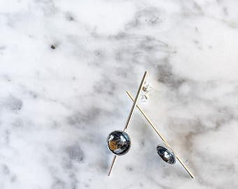 Hammered Dome Long Drop Earrings: Geometric Silver or Gold