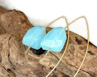 Gold Slip On Style Earrings, Threader Earrings, Blue Quartz Bead, Semi Precious Stone, Gold Fill Slip On Style, Silver Slip on Earrings