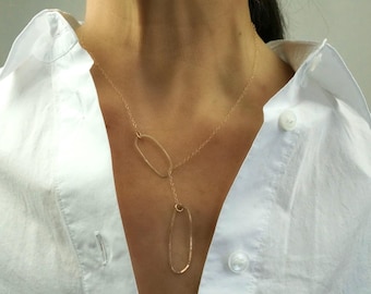 Hammered Gold Lariat Necklace: Modern Organic Shapes, 14k Gold Fill