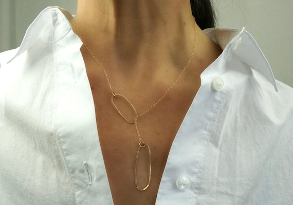 Hammered Gold Lariat Necklace: Modern Organic Shapes, 14k Gold Fill