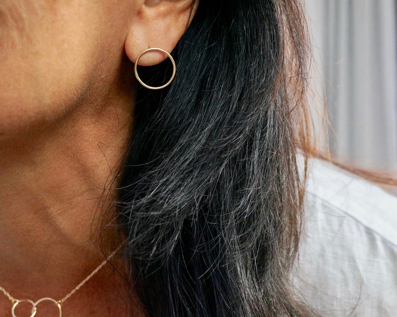 Gold Hoop Earrings, Handmade Contemporary Jewelry, Minimalist Style, Everyday Circular Studs, Silver Hoops image 2