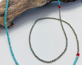 Long Turquoise, Pyrite, Coral Beaded Necklace/Layering Necklace