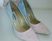 Ladies skull shoes, skull lace shoes, ivory lace, skull lace, alternative wedding, wedding shoes,blue & pink shoes, high heel shoes.