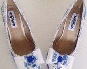 Dr Who shoes, darlek shoes, tardis shoes, ladies shoes, wedding shoes, quirky heels, low heel shoes, something blue, blue white wedding shoe