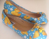 Ladies flat shoes, cute shoes, bow fron shoes, blue yellow shoes, duck, rubber duck, ballet pumps, felt bows, duck charm womens shoes size 3