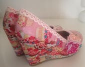 Cupcake shoes , wedge shoes, cup cake shoes, bridal shoes, pink shoes, felt flowers, ladies shoes, wedding shoes, quirky heels,