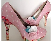 Ladies shoes, polka dot shoes, pink shoes, cupcake shoes, wedding shoes, tea party, afternoon tea rockabilly customised shoes, ladies heels