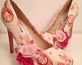 Bridal shoes hot pink polka dot ladies shoes, alice in wonderland, cameo rockabilly customised womens shoes, size 3-8 uk