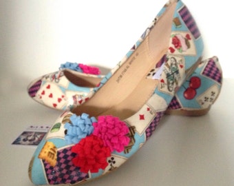 Comfy flat shoes, customised shoes, alice cards,alice in wonderland, blue shoes, ladies shoes, evening shoes comfy shoes, flat shoes, ballet