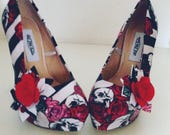 Skull heels, alt wedding Ladies high heels, rockabilly shoes, skull shoes, goth shoes, skulls and roses, platform shoes, occasion shoes,