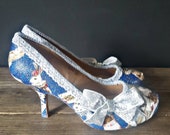 Alice glitter shoes, ltd edition shoes,  alice in wonderland shoes, wedding shoes, glitter shoes brides shoes something blue low heel shoes,