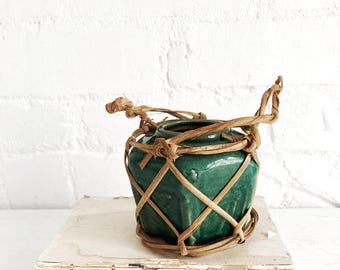 Antique Chinese Earthenware Ginger Jar with Original Straw Net basket