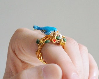 Mother Bird Ring, Hand-painted Enamel Jewelry, Enamel Ring, Bird Ring, Nest Ring, Gift for mom.