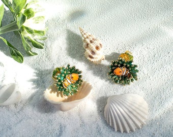 Clownfish and Sea Anemone Earrings, Enamel Jewelry, Cute Earrings, Sea animal earrings, Hand-painted, GOODAFTERNINE