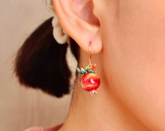 Pomegranate Earrings, Fruity Blossom, GoodAfterNine, Enamel jewelry, Playful Jewelry, asymmetrical earrings