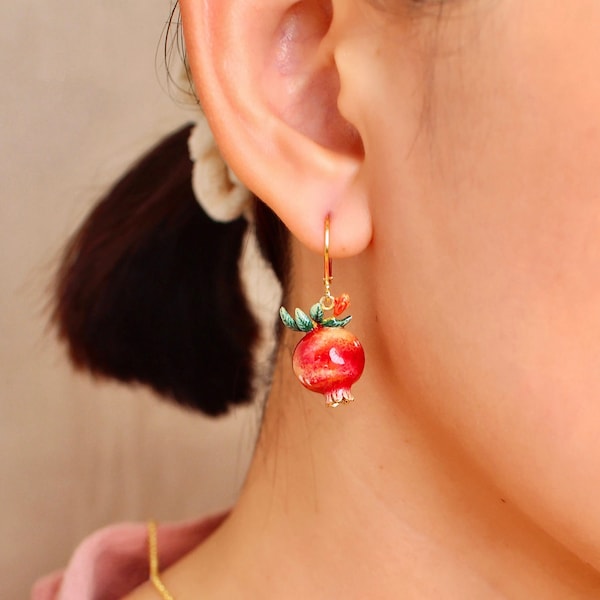 Pomegranate Earrings, Fruity Blossom, GoodAfterNine, Enamel jewelry, Playful Jewelry, asymmetrical earrings