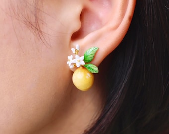 Lemon Earrings, Fruity Blossom, GoodAfterNine, Enamel Ring, Playful Jewelry, asymmetrical earrings