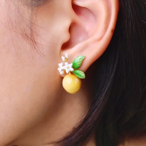 Lemon Earrings, Fruity Blossom, GoodAfterNine, Enamel Ring, Playful Jewelry, asymmetrical earrings