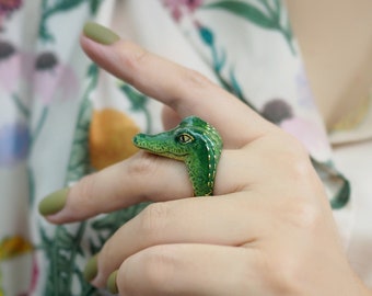 Kevin Crocodile Ring, Hand-painted Enamel Jewelry, Enamel Ring, Safari, whimsical style, Crocodile.