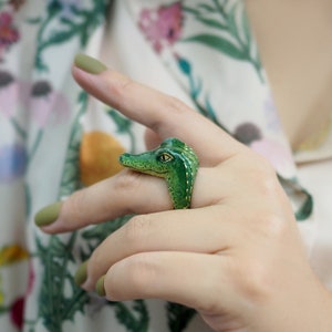 Kevin Crocodile Ring, Hand-painted Enamel Jewelry, Enamel Ring, Safari, whimsical style, Crocodile.