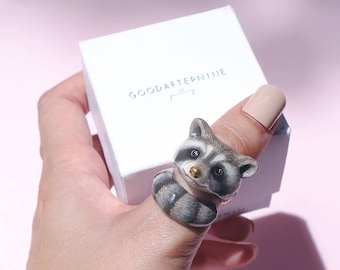 Handcrafted Raccoon Ring, Enamel Animal Jewelry, Gift