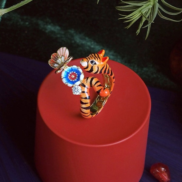 Orient Romance Tiger Butterfly Ring, Statement Pieces, Flower, Tiger, Butterfly , Love, Enamel Ring, GOODAFTERNINE