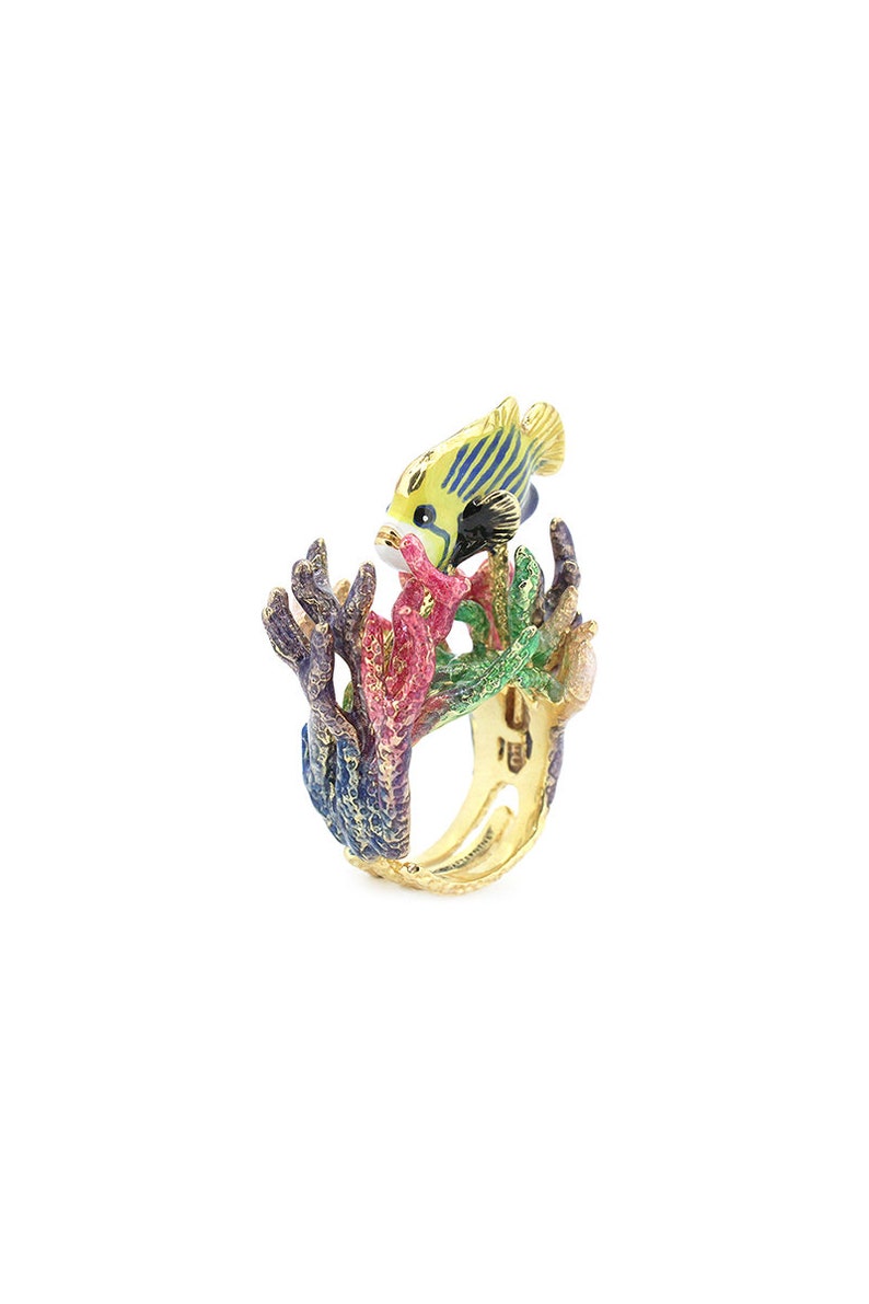 AngelFish and Reef Ring, Emaille sieraden, statement piece, Ocean Creature, Handgeschilderd, Animal Ring afbeelding 4