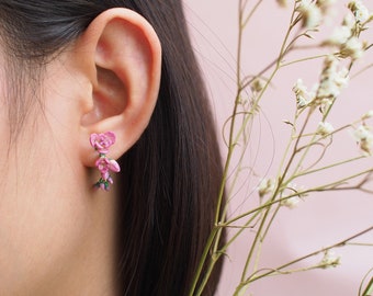 Freesia Hoop Earrings, Pink Flower earrings , Handpainted GOODAFTERNINE