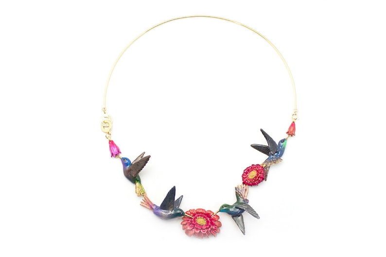 Humming Melody Statement Necklace Statement Pieces , Hummingbird Statement necklace High quality enamel by GOODAFTERNINE image 2