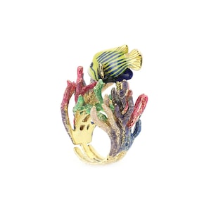 AngelFish and Reef Ring, Emaille sieraden, statement piece, Ocean Creature, Handgeschilderd, Animal Ring afbeelding 6