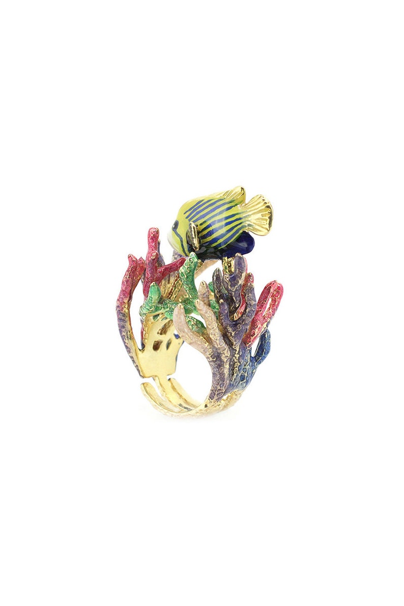 AngelFish and Reef Ring, Emaille sieraden, statement piece, Ocean Creature, Handgeschilderd, Animal Ring afbeelding 6