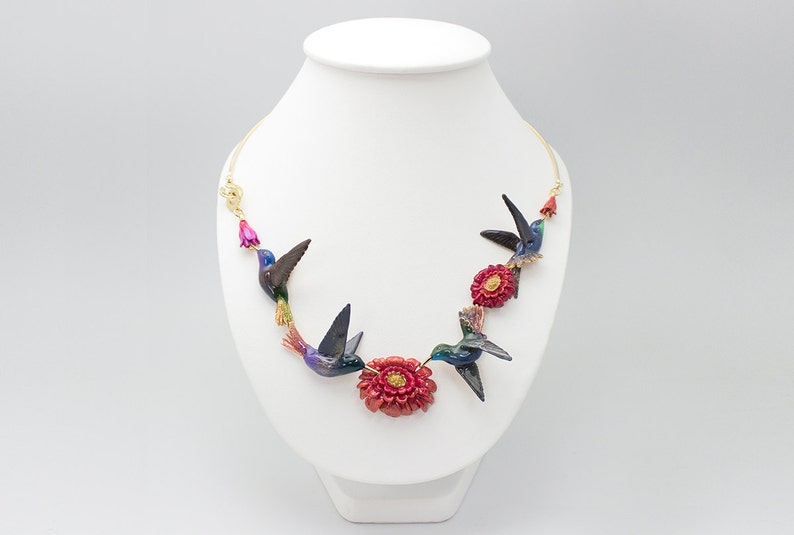 Humming Melody Statement Necklace Statement Pieces , Hummingbird Statement necklace High quality enamel by GOODAFTERNINE image 3