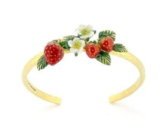 Strawberry Blossom Bangle, Strawberry Forever, Enamel Jewelry, Cute gift, Perfect Gift, Cottagecore.