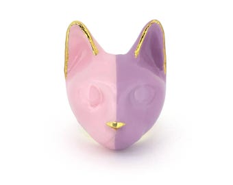 Lilac Cat Ring, Enamel Gold Plated Brass, Wearable Art