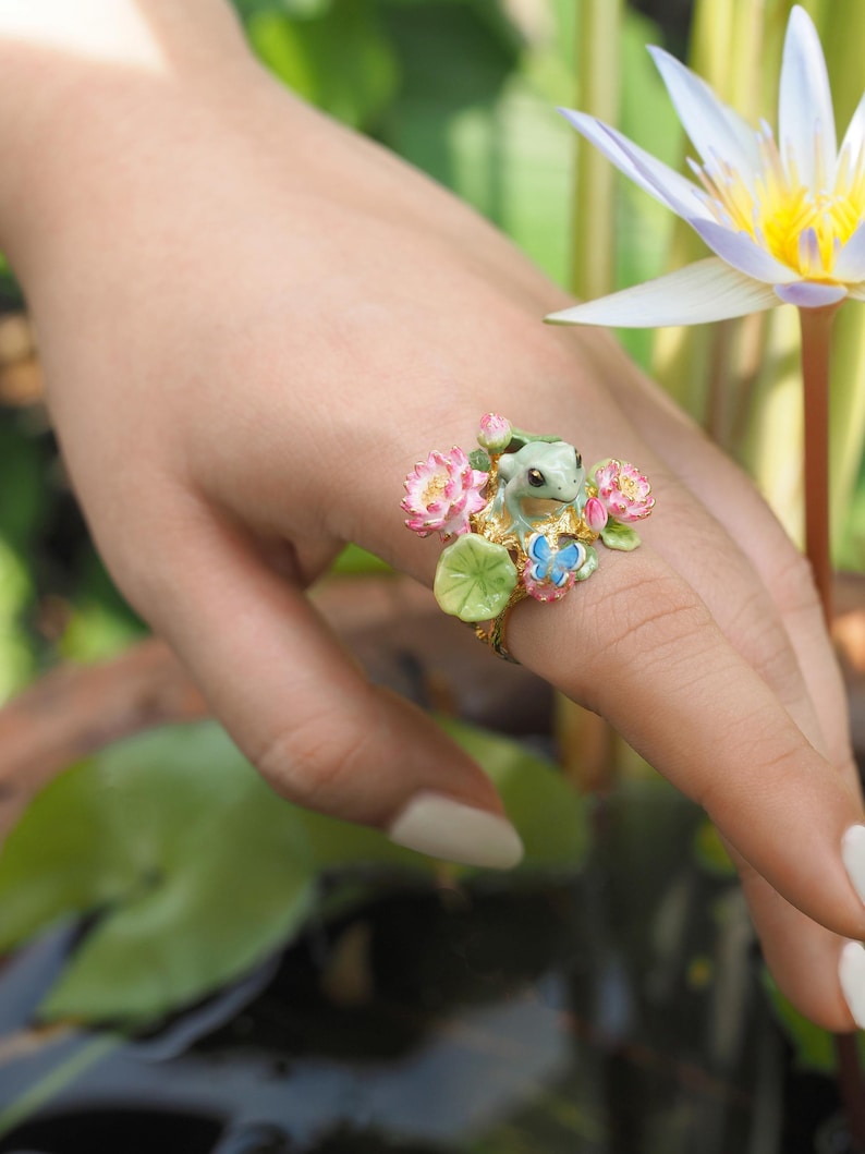 Enamel Frog Ring, Pink Lotus, 18k Gold Plated Brass - Etsy