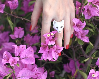 Snow Fox Ring , Animal ring , Enamel Ring , Animal Jewelry