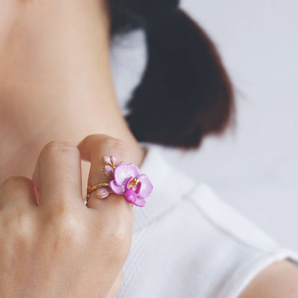 Phalaen Purple Ring , Bague Fleurie , Handpainted GOODAFTERNINE , Phalaenopsis , Orchidée