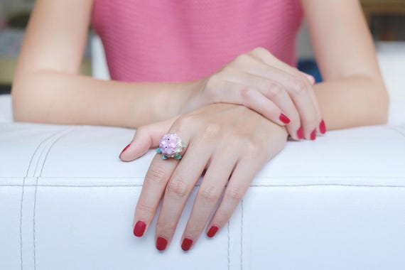 Rosa Hortensien Ring, Blumen Ring, Handbemalt GOODAFTERNINE